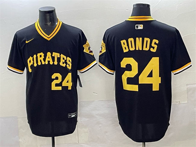 Men's Pittsburgh Pirates 24 Barry Bonds Black With Patch Cool Base Stitched Baseball Jersey