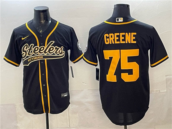 Men's Pittsburgh Steelers 75 Joe Greene Black With Patch Cool Base Stitched Baseball Jersey