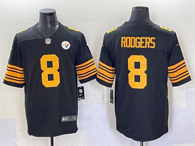 Men's Pittsburgh Steelers 8 Aaron Rodgers Black 2025 Color Rush Vapor Limited Stitched Football Jersey