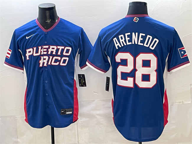 Men's Puerto Rico Baseball 28 Nolan Arenado Royal 2026 World Baseball Classic Road Stadium Stitched Jersey