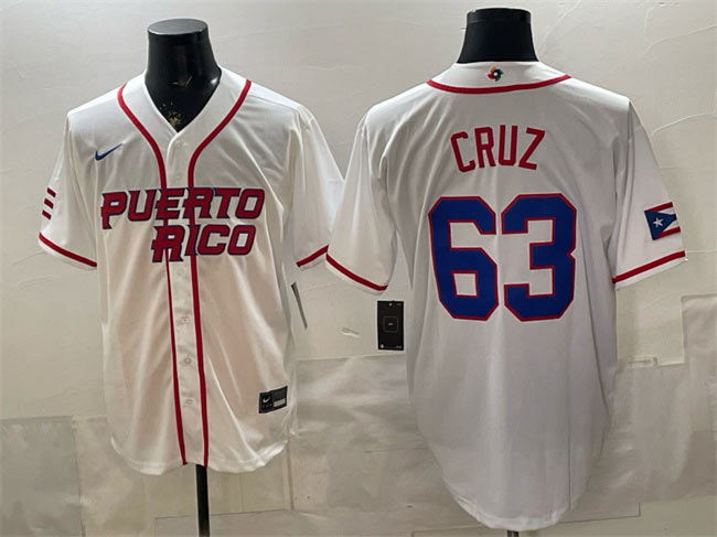 Men's Puerto Rico Baseball 63 Fernando Cruz White 2026 World Baseball Classic Home Stadium Stitched Jersey