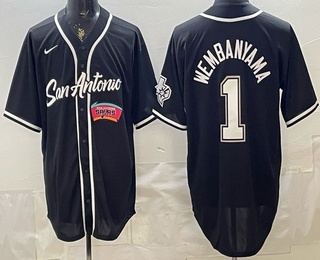 Men's San Antonio Spurs 1 Victor Wembanyama Black Stitched Baseball Jersey