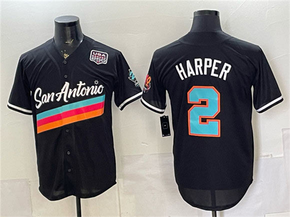 Men's San Antonio Spurs 2 Dylan Harper Black USA 250' Patch City Edition Stitched Baseball Jersey