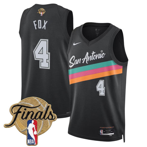 Men's San Antonio Spurs 4 De'Aaron Fox Black 2026 Finals Patch City Edition Stitched Basketball Jersey