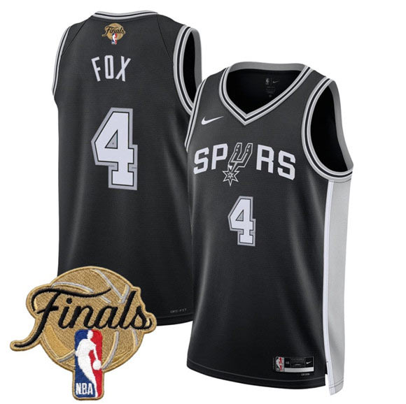 Men's San Antonio Spurs 4 De'Aaron Fox Black 2026 Finals Patch Icon Edition Stitched Basketball Jersey