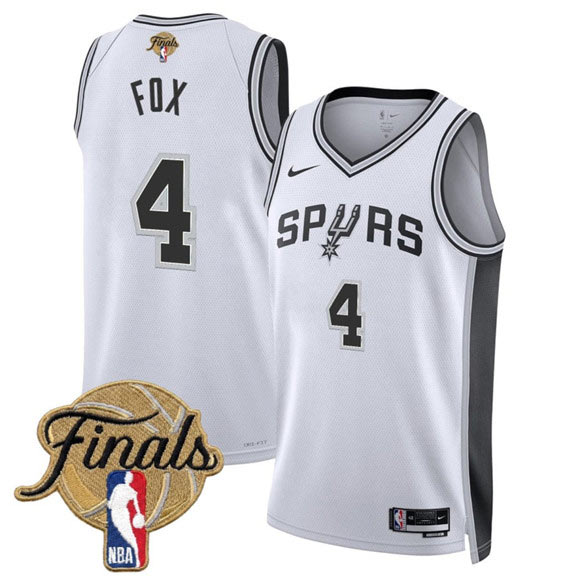 Men's San Antonio Spurs 4 De'Aaron Fox White 2026 Finals Patch Association Edition Stitched Basketball Jersey