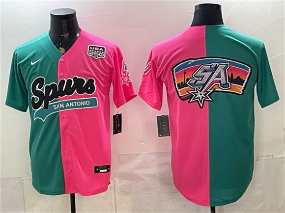 Men's San Antonio Spurs Team Big Logo Teal Pink Split USA 250' Patch Stitched Baseball Jersey