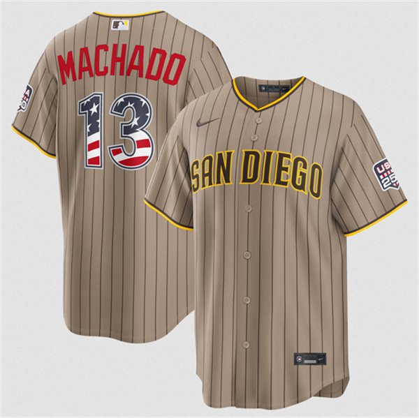 Men's San Diego Padres 13 Manny Machado Tan USA 250 Fourth of July Home Stitched Baseball Jersey Men's San Diego Padres 13 Manny Machado Tan USA 250 Fourth of July Home Stitched Baseball Jersey