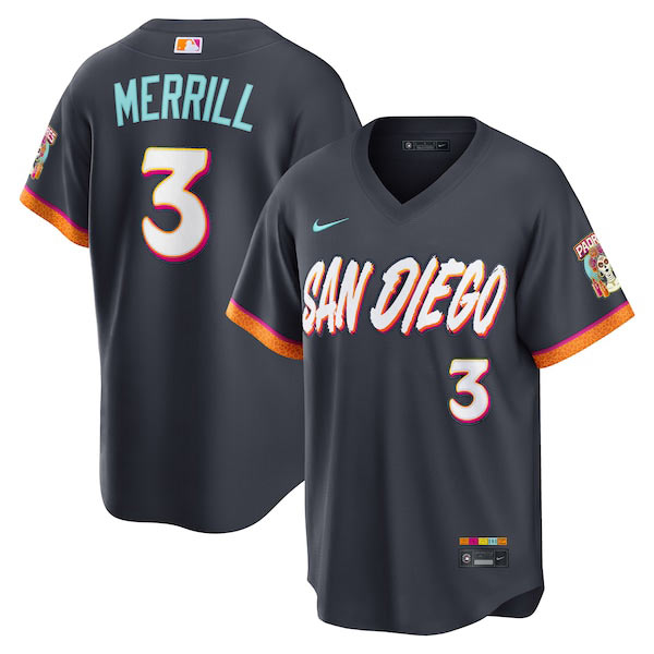 Men's San Diego Padres 3 Jackson Merrill Obsidian 2026 City Connect Stadium Limited Stitched Baseball Jersey