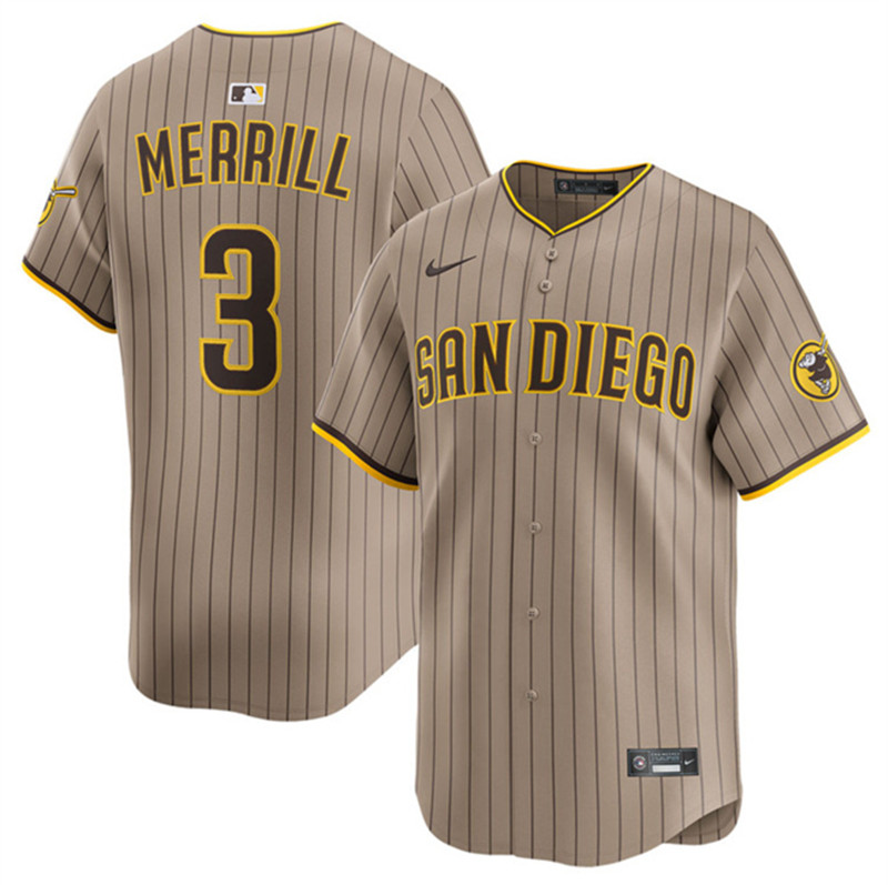 Men's San Diego Padres 3 Jackson Merrill Tan 2024 Alternate Limited Stitched Baseball Jersey