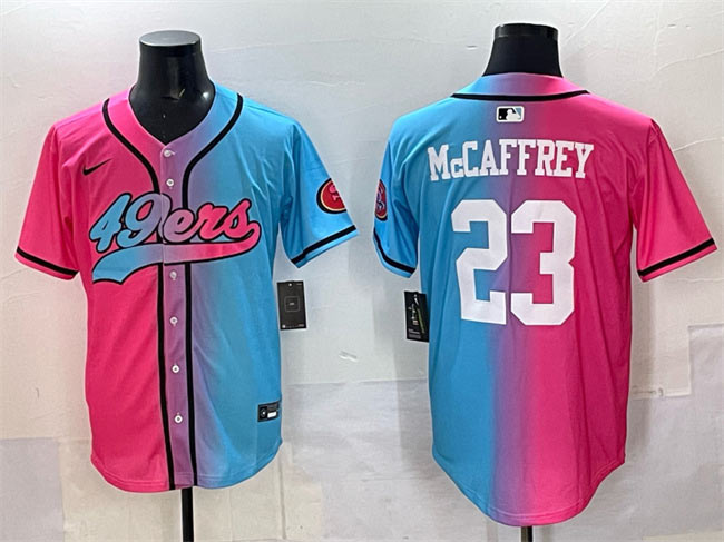Men's San Francisco 49ers 23 Christian McCaffrey Pink Blue Limited Stitched Baseball Jersey