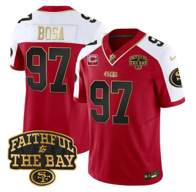 Men's San Francisco 49ers 97 Nick Bosa Red Alternate 2025 F.U.S.E. 1 Star C With Faithful To The Bay Patch Limited V8 Football Stitched Jersey