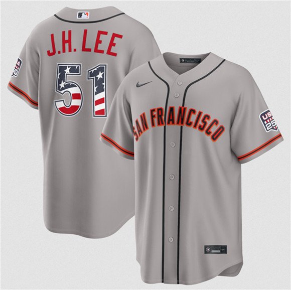 Men's San Francisco Giants 51 Jung Hoo Lee Gray 2026 USA 250 Fourth of July Stitched Baseball Jersey Men's San Francisco Giants 51 Jung Hoo Lee Gray 2026 USA 250 Fourth of July Stitched Baseball Jersey