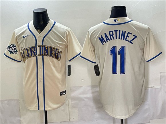 Men's Seattle Mariners 11 Edgar Martinez Cream 50th Anniversary Patch Stitched Baseball Jersey Men's Seattle Mariners 11 Edgar Martinez Cream 50th Anniversary Patch Stitched Baseball Jersey