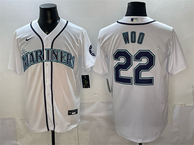 Men's Seattle Mariners 22 Bryan Woo White Cool Base Stitched Baseball Jersey