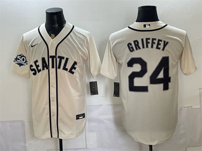 Men's Seattle Mariners 24 Ken Griffey Jr Cream 50th Anniversary Alternate Stitched Baseball Jersey Men's Seattle Mariners 24 Ken Griffey Jr Cream 50th Anniversary Alternate Stitched Baseball Jersey