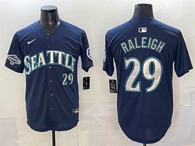 Men's Seattle Mariners 29 Cal Raleigh Navy With 2025 AL West Division Champions Patch Limited Stitched jersey