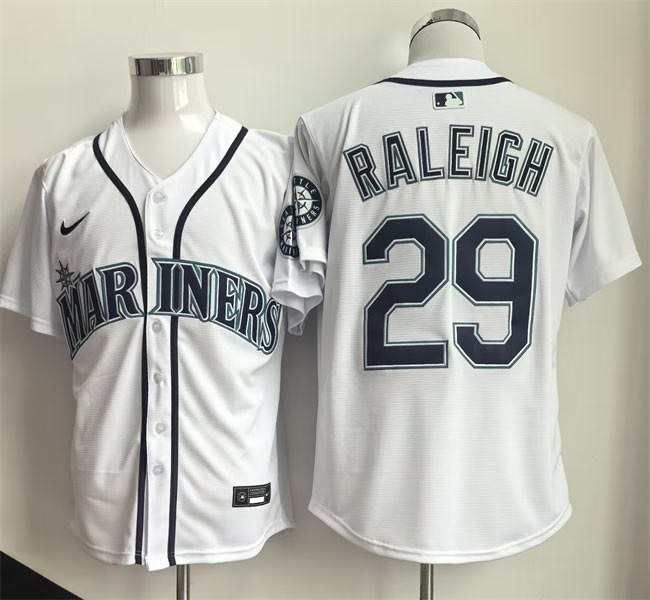 Men's Seattle Mariners 29 Cal Raleigh White Cool Base Stitched Baseball Jersey