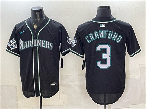Men's Seattle Mariners 3 J P Crawford Black 50th Anniversary Alternate Stitched Baseball Jersey Men's Seattle Mariners 3 J P Crawford Black 50th Anniversary Alternate Stitched Baseball Jersey