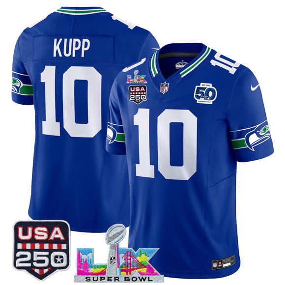 Men's Seattle Seahawks 10 Cooper Kupp Royal 2025 F.U.S.E. Super Bowl LX Patch And 50th Season Patch Vapor Throwback Limited Football Stitched Jersey
