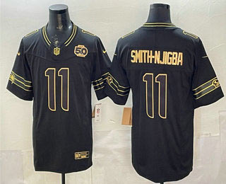 Men's Seattle Seahawks 11 Jaxon Smith Njigba Black Gold 2025 FUSE 50th Season Patch Limited Stitched Jersey