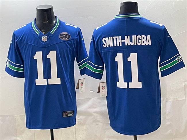 Men's Seattle Seahawks 11 Jaxon Smith Njigba Royal 2025 F.U.S.E. 50th Season Patch Throwback Vapor Limited Football Stitched Jersey