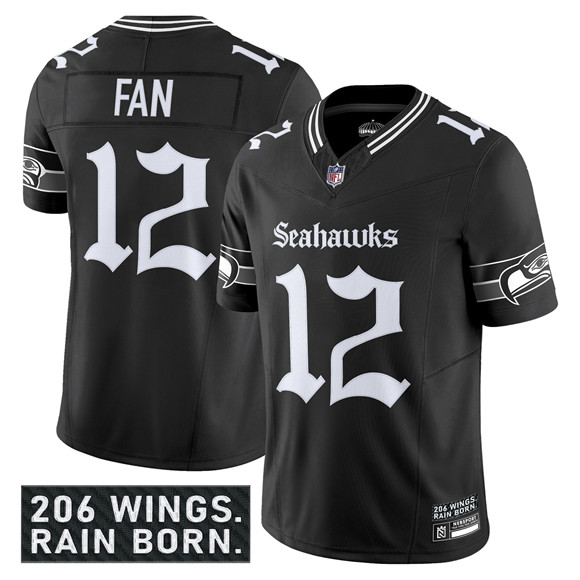 Men's Seattle Seahawks 12 Fan Black 2025 F.U.S.E. 'Gothic Rain City Shadows Edition' Vapor Limited Football Stitched Jersey