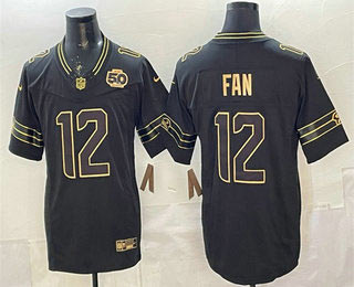 Men's Seattle Seahawks 12 Fan Black Gold 2025 FUSE 50th Season Patch Limited Stitched Jersey