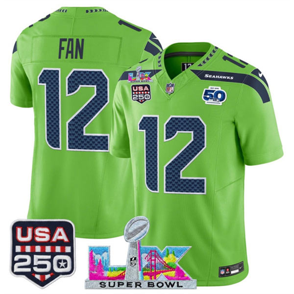 Men's Seattle Seahawks 12 Fan Green 2025 F.U.S.E. Super Bowl LX Patch And 50th Season & USA 250' Patch Vapor Limited Football Stitched Jersey