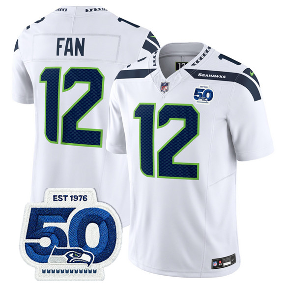 Men's Seattle Seahawks 12 Fan White 2025 F.U.S.E. 50th Anniversary Patch Vapor Limited Football Stitched Jersey