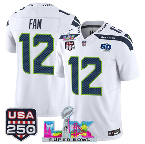 Men's Seattle Seahawks 12 Fan White 2025 F.U.S.E. Super Bowl LX Patch And 50th Season & USA 250' Patch Vapor Limited Football Stitched Jersey