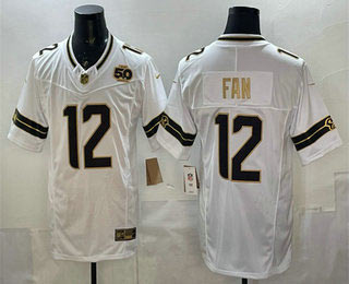 Men's Seattle Seahawks 12 Fan White Gold 2025 FUSE 50th Season Patch Limited Stitched Jersey