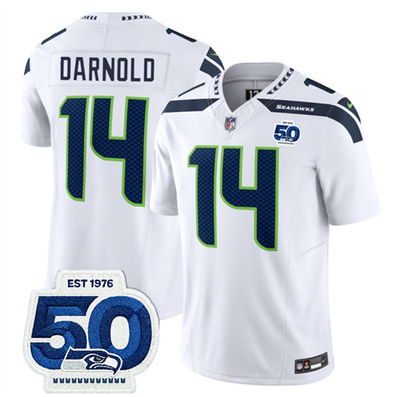 Men's Seattle Seahawks 14 Sam Darnold White 2025 F.U.S.E. 50th Anniversary Patch Vapor Limited Football Stitched Jersey