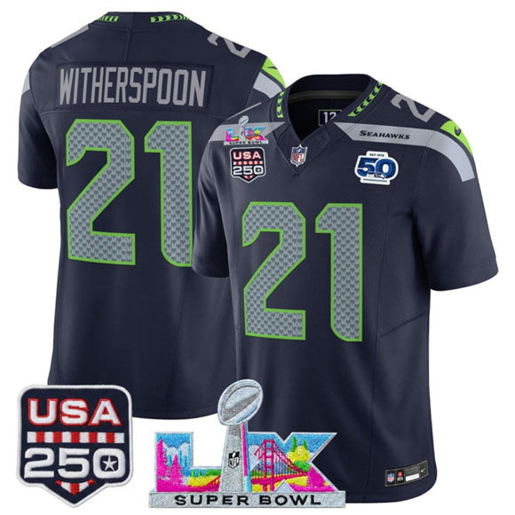 Men's Seattle Seahawks 21 Devon Witherspoon Navy 2025 F.U.S.E. Super Bowl LX Patch And 50th Season & USA 250' Patch Vapor Limited Football Stitched Jersey