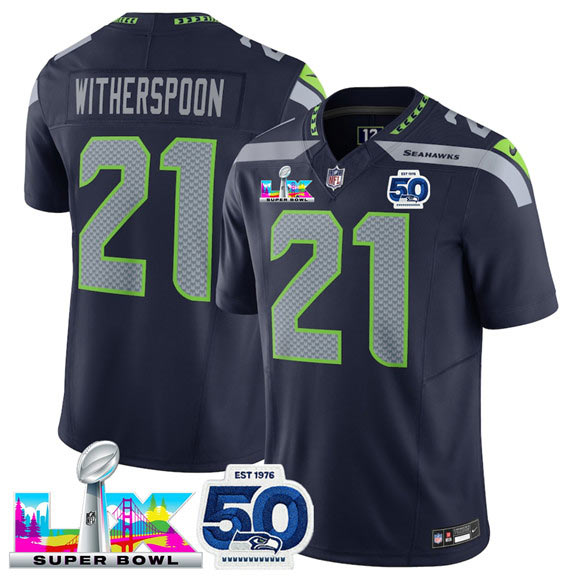 Men's Seattle Seahawks 21 Devon Witherspoon Navy 2025 F.U.S.E. Super Bowl LX Patch And 50th Season Patch Vapor Limited Football Stitched Jersey