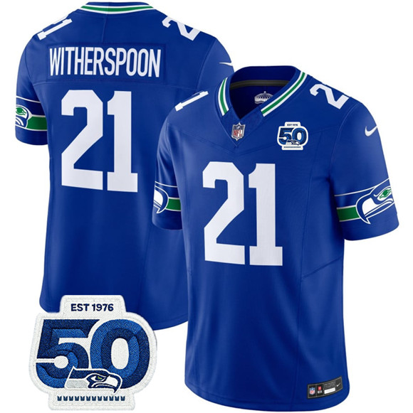 Men's Seattle Seahawks 21 Devon Witherspoon Royal 2025 F.U.S.E 50th Anniversary Patch Throwback Vapor Limited Football Stitched Jersey