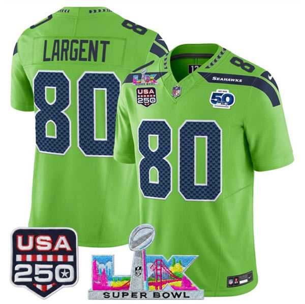 Men's Seattle Seahawks 80 Steve Largent Green 2025 F.U.S.E. Super Bowl LX Patch And 50th Season & USA 250' Patch Vapor Limited Football Stitched Jersey