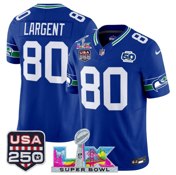 Men's Seattle Seahawks 80 Steve Largent Royal 2025 F.U.S.E. Super Bowl LX Patch And 50th Season & USA 250' Patch Vapor Throwback Limited Football Stitched Jersey