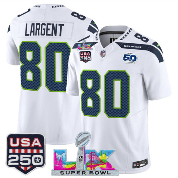 Men's Seattle Seahawks 80 Steve Largent White 2025 F.U.S.E. Super Bowl LX Patch And 50th Season & USA 250' Patch Vapor Limited Football Stitched Jersey