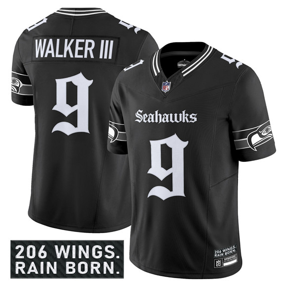 Men's Seattle Seahawks 9 Kenneth Walker III Black 2025 F.U.S.E. 'Gothic Rain City Shadows Edition' Vapor Limited Football Stitched Jersey