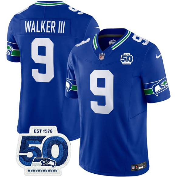Men's Seattle Seahawks 9 Kenneth Walker III Royal 2025 F.U.S.E 50th Anniversary Patch Throwback Vapor Limited Football Stitched Jersey