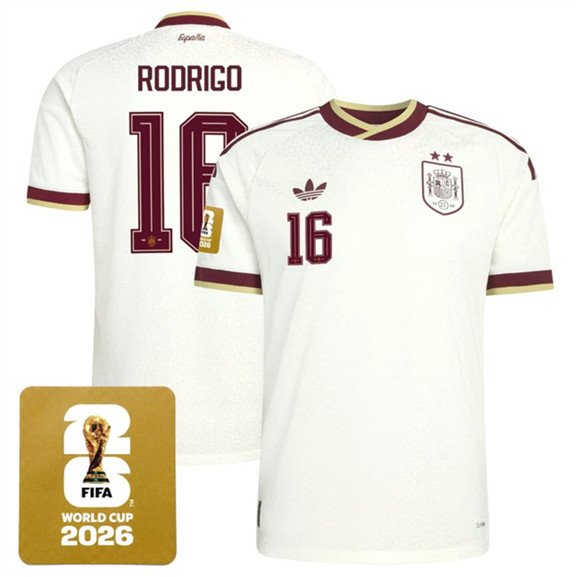Men's Spain Team 16 Rodrigo White 2026 World Cup Away Soccer Jersey