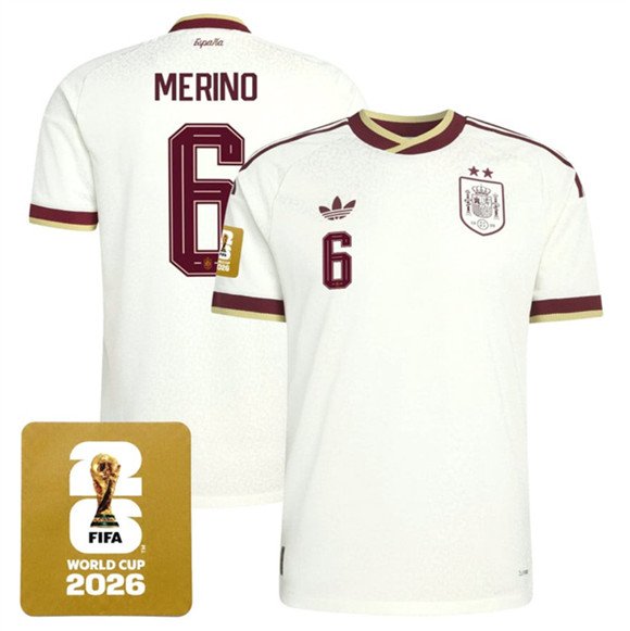 Men's Spain Team 6 Mikel Merino White 2026 World Cup Away Soccer Jersey