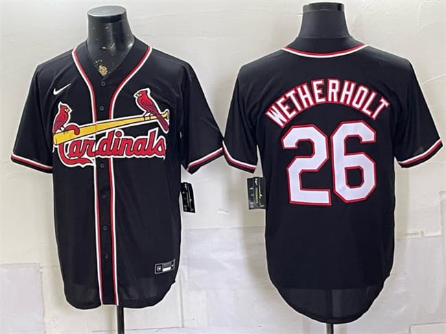 Men's St Louis Cardinals 26 JJ Wetherholt 2026 Fashion Replica Black Out Stitched Baseball Jersey Men's St Louis Cardinals 26 JJ Wetherholt 2026 Fashion Replica Black Out Stitched Baseball Jersey