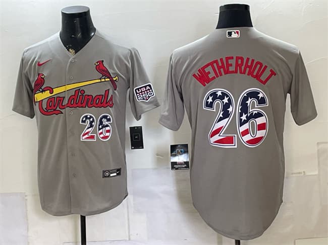Men's St Louis Cardinals 26 JJ Wetherholt Gray USA 250 Fourth of July Stitched Baseball Jersey Men's St Louis Cardinals 26 JJ Wetherholt Gray USA 250 Fourth of July Stitched Baseball Jersey