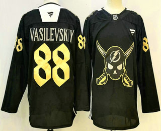 Men's Tampa Bay Lightning 88 Andrei Vasilevskiy Black Pirate Themed Warmup Authentic Jersey
