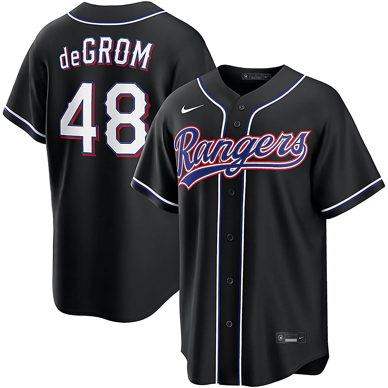 Men's Texas Rangers 48 Jacob Degrom 2026 Black Out Fashion Nike Jersey
