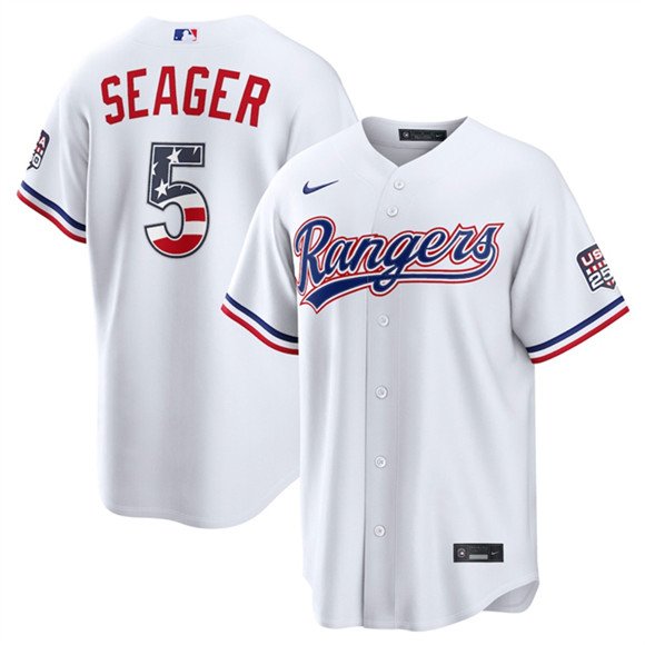 Men's Texas Rangers 5 Corey Seager White 2026 USA 250 Fourth of July Home Stitched Baseball Jersey Men's Texas Rangers 5 Corey Seager White 2026 USA 250 Fourth of July Home Stitched Baseball Jersey