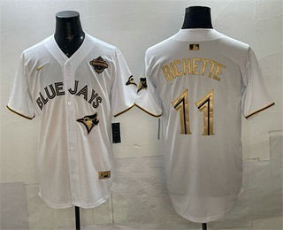 Men's Toronto Blue Jays 11 Bo Bichette White Gold 2025 American League Champions Limited Stitched Jersey