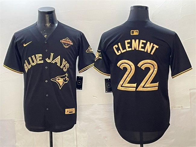 Men's Toronto Blue Jays 22 Ernie Clement Black Gold 2025 American League Champions Limited Stitched Baseball Jersey